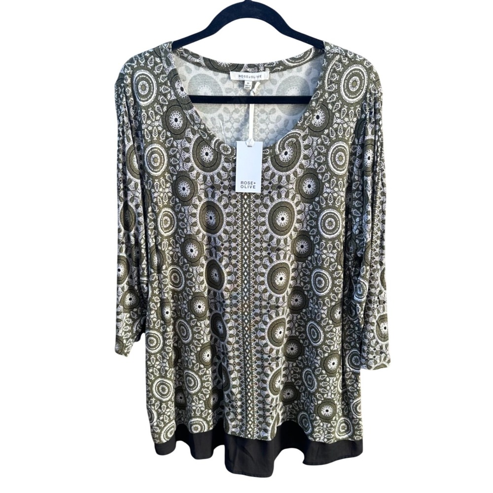 Rose + Olive Womens 3X Olive Green Medallion Print 3/4 Sleeve Top NWT